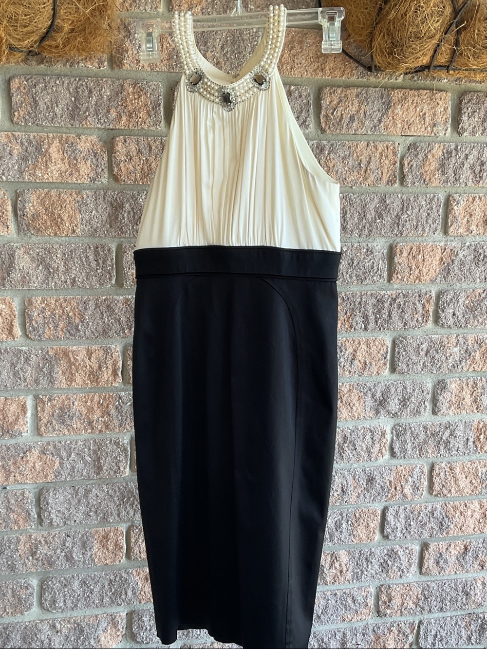 Jones New York Ivory and Black One-Shoulder Dress with Beaded Neckline